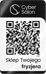 Naklejka Cybersalonu z kodem QR i napisem „Sklep Twojego fryzjera”
