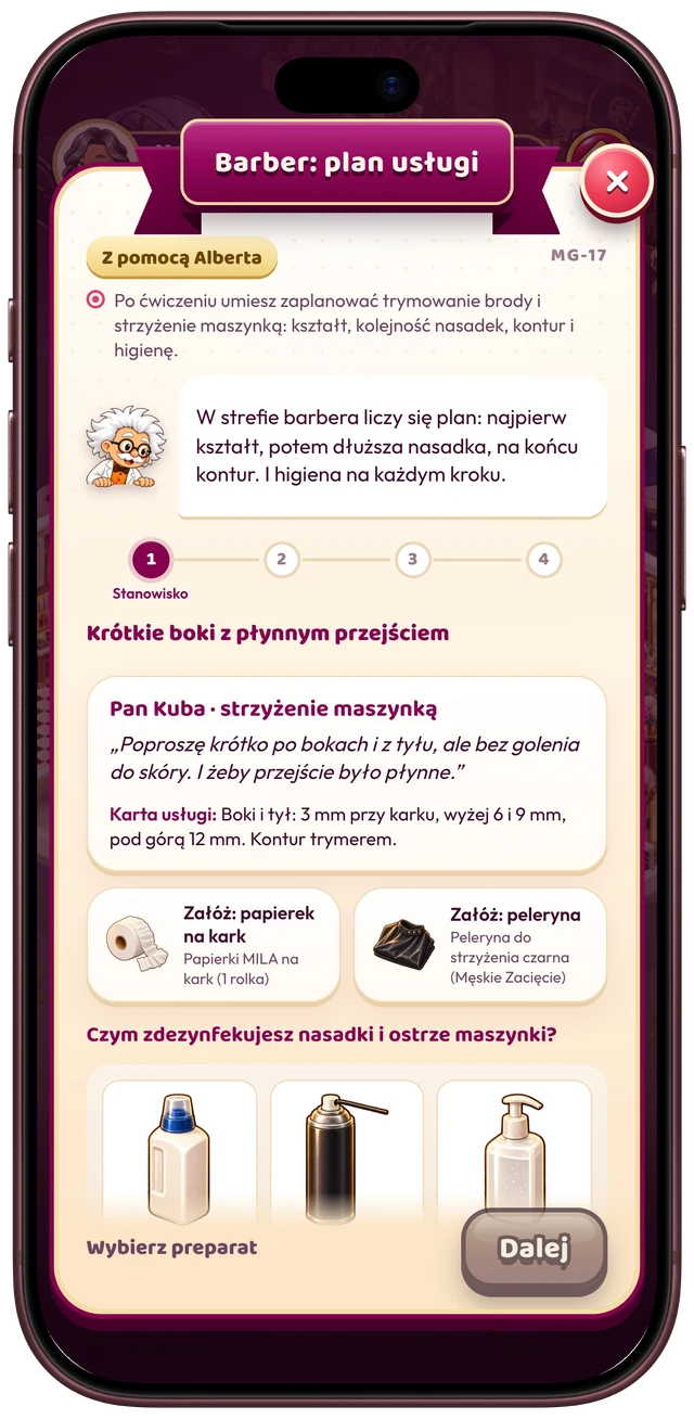 Ekran gry na iPhonie: ćwiczenie „Barber: plan usługi” z pomocą Alberta – Pan Kuba prosi o krótkie boki z płynnym przejściem, karta usługi podaje nasadki 3, 6, 9 i 12 mm oraz kontur trymerem, a poniżej papierek na kark, peleryna i preparaty do dezynfekcji nasadek do wyboru.