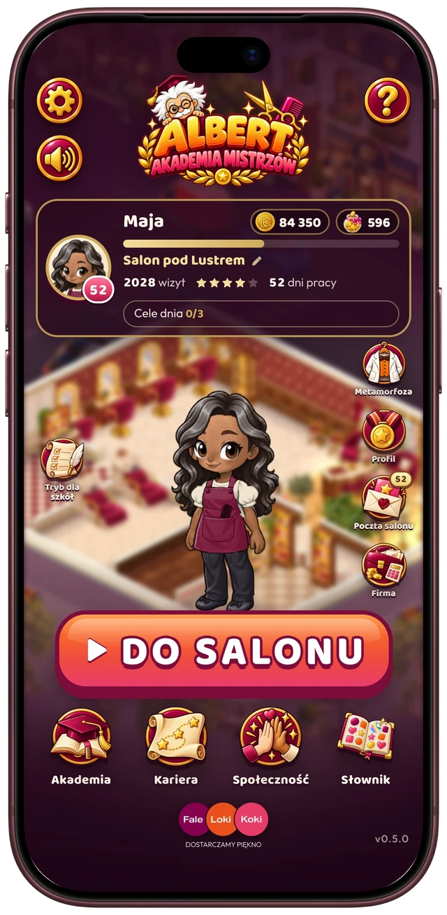 Ekran gry na iPhonie: menu główne – logo Albert: Akademia Mistrzów, karta stylistki Mai z salonem „Salon pod Lustrem” (poziom 52, 84 350 BC, 2028 wizyt, cele dnia 0/3) i jej postać w bordowym fartuchu przed salonem. Po bokach Metamorfoza, Profil, Poczta salonu, Firma i Tryb dla szkół, poniżej duży przycisk „Do salonu” i skróty Akademia, Kariera, Społeczność i Słownik.