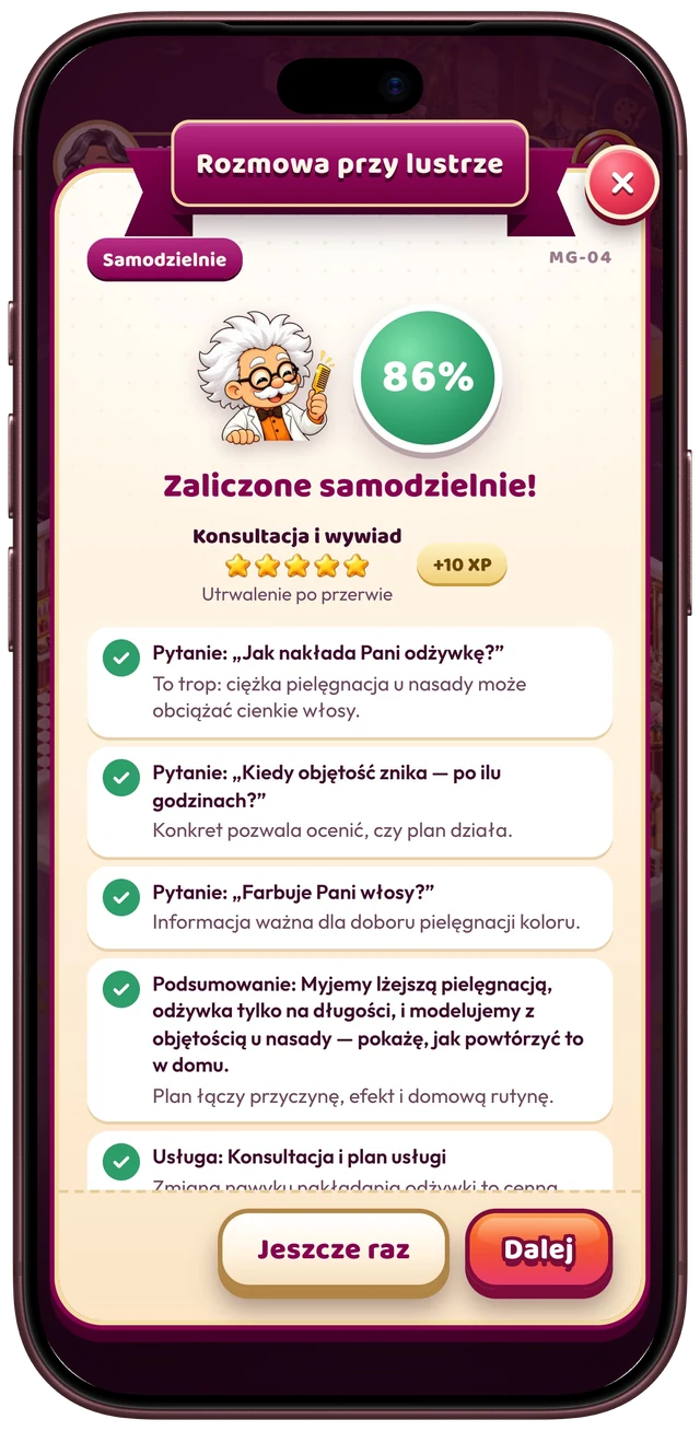 Ekran gry na iPhonie: wynik konsultacji 86 procent – „Zaliczone samodzielnie!”, pięć gwiazdek za kompetencję „Konsultacja i wywiad” i +10 XP. Lista wyjaśnia każdą decyzję: trafne pytania, podsumowanie planu i dobraną usługę, a na dole są przyciski „Jeszcze raz” i „Dalej”.