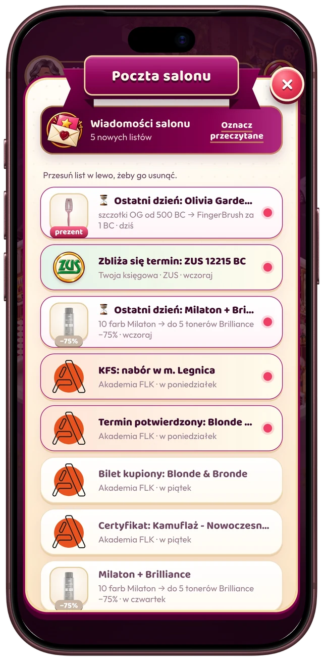 Ekran gry na iPhonie: Poczta salonu – „5 nowych listów” i lista wiadomości: promocja Olivia Garden (szczotki OG od 500 BC, FingerBrush za 1 BC), przypomnienie księgowej o terminie ZUS 12215 BC, promocja Milaton + Brilliance −75% oraz listy z Akademii FLK o naborze KFS w Legnicy, potwierdzonym terminie, kupionym bilecie i certyfikacie.