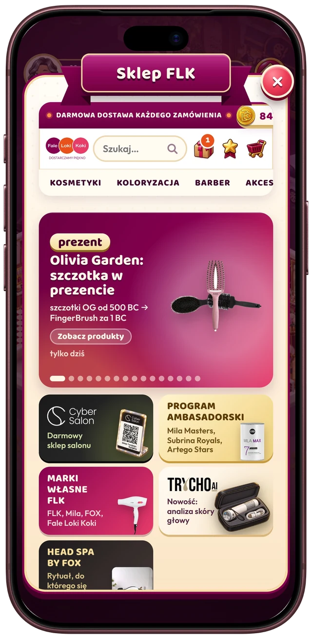 Ekran gry na iPhonie: Sklep FLK – pasek „Darmowa dostawa każdego zamówienia”, wyszukiwarka, kategorie m.in. Kosmetyki, Koloryzacja i Barber, baner „Olivia Garden: szczotka w prezencie” (szczotki OG od 500 BC, FingerBrush za 1 BC) oraz kafelki Cybersalon, Program ambasadorski, Marki własne FLK, Trycho AI i Head Spa by FOX.